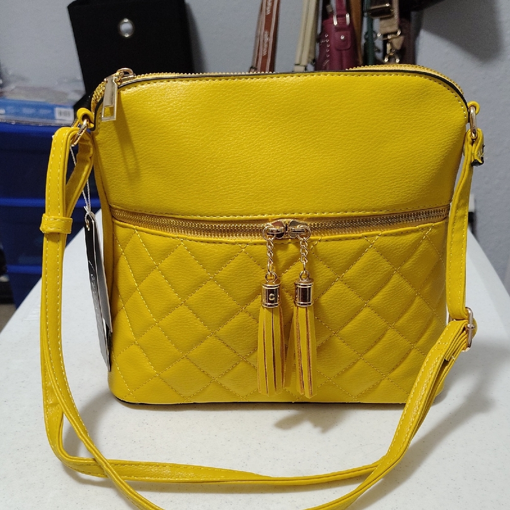 Yellow Quilted Crossbody Bag with Tassel Accent
